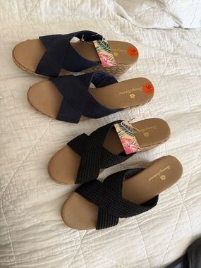 Tommy Bahama Navy and Black Crossband Slide Sandals Wedge 9.5 & 10
